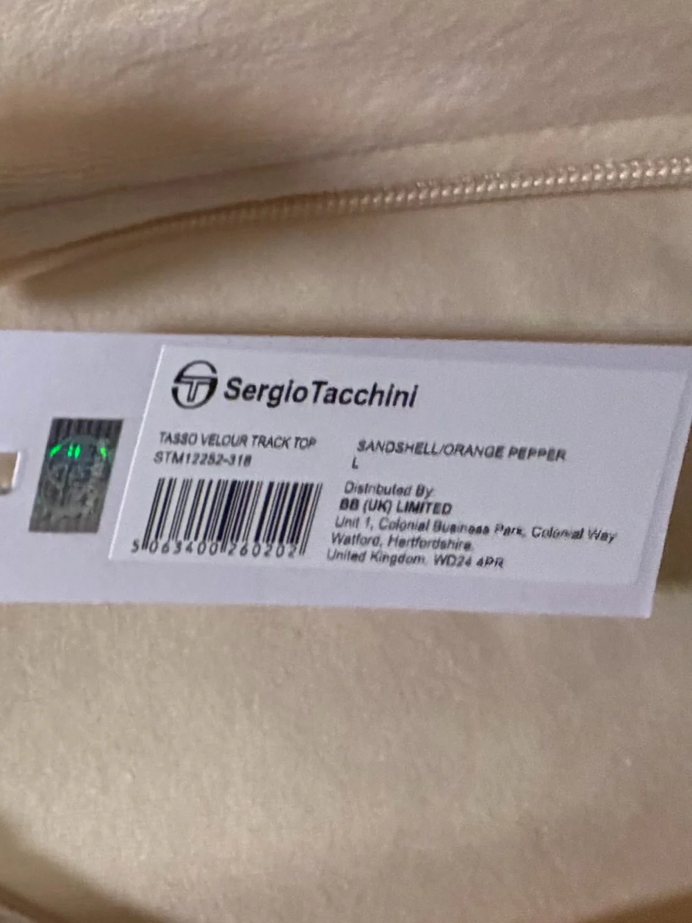 🛑 Sergio Tacchini Tasso Velour Track Top in Sandshell Beige/Orange Pepper - NWT